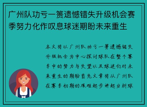 广州队功亏一篑遗憾错失升级机会赛季努力化作叹息球迷期盼未来重生